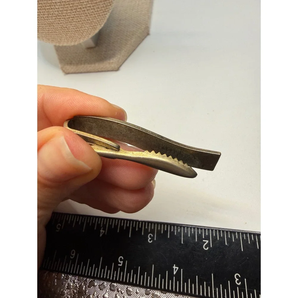Vintage Silver Tone Wavy Tie Clip Etched Floral Gold Accents Mid‎ Century Modern